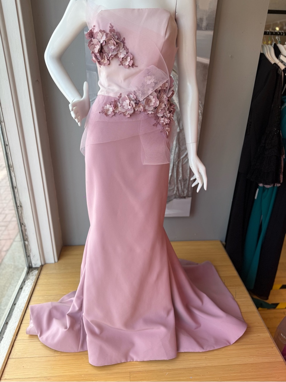 Terani Couture Rose Strapless Floral Appliqué Gown